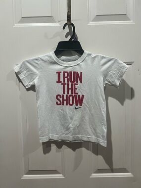 Nike White Tee with Pink Block 'I RUN THE SHOW' Graphic